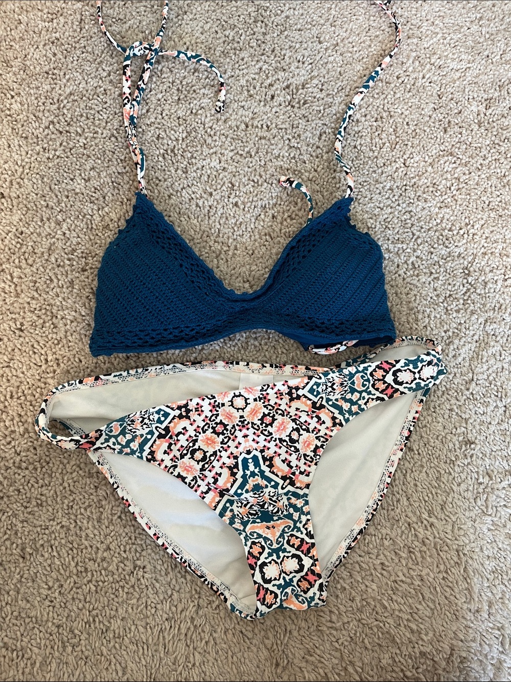 Xhilaration Teal Swim Top with Floral-Patterned Trim